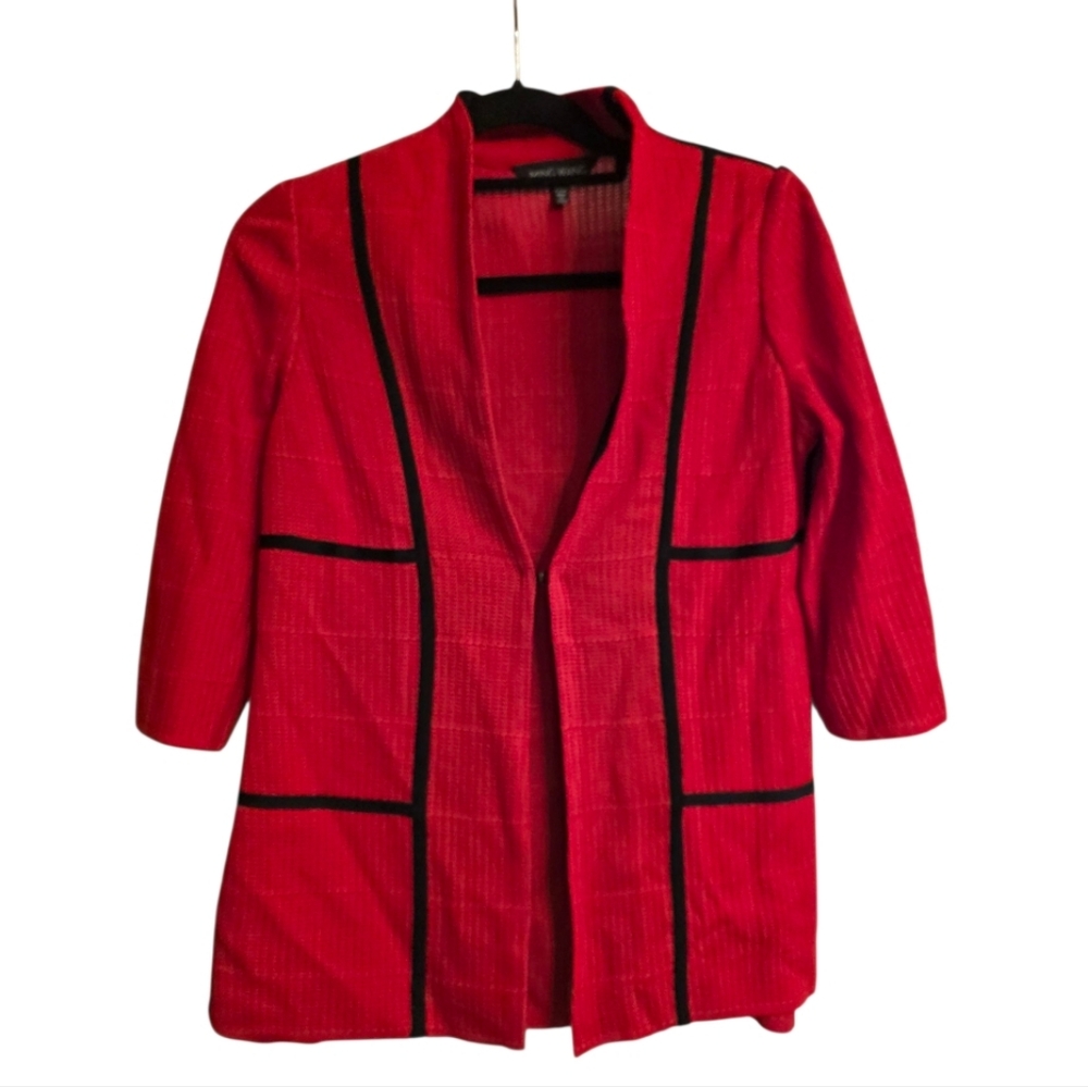MING WANG Red Textured Stripe Black Piped Sweater Jacket - Size PXS